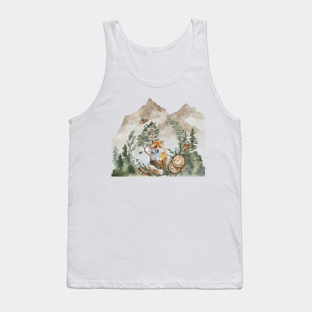 Mountain Forest Red Fox Watercolor Tank Top by Bramblier